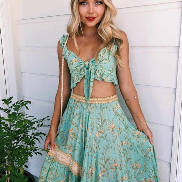 Boho floral Print Front tie Mint Crop Top gypsy - Picture 2 of 8